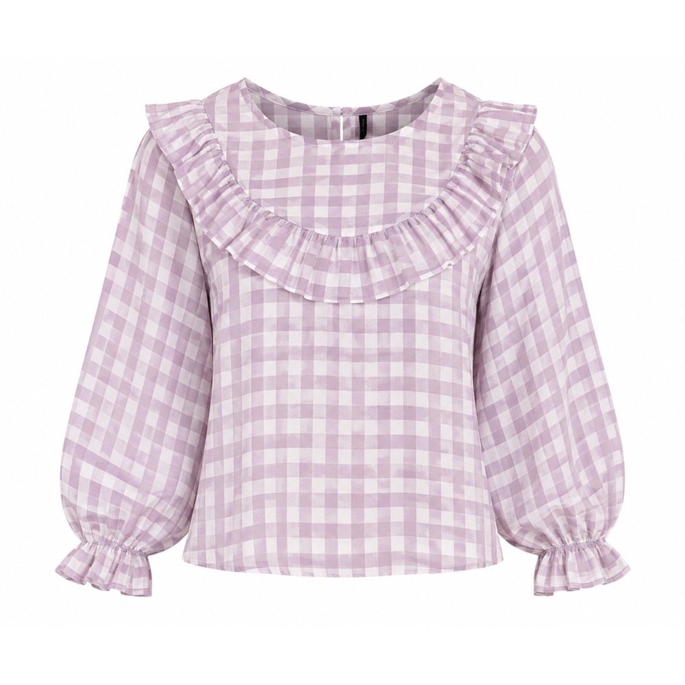 Lavender Gingham Blouse Ruffle Neck Balloon Sleeve Cottagecore Prairie Top S